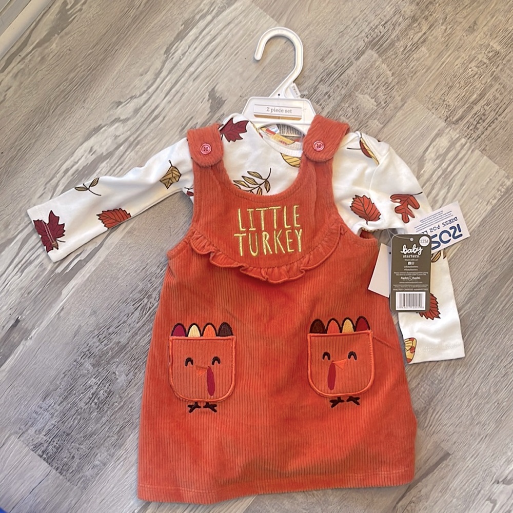 Little Turkey Thanksgiving 2 piece set. Long sleeve onesie & overall dress 12mo